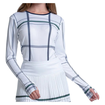Women's Preppy Love Plaid Long Sleeve Tennis Top White, Lucky In Love, White, Tennis Express, CX189-99G110-WHITE-1