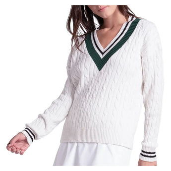 Women's Legacy Court Tennis Sweater White and Green, Lucky In Love, White/Team Green, Tennis Express, CX193-90G150-WHITE-TEAM-GREEN-1