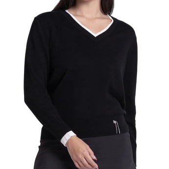 Women's Double V-Neck Tennis Sweater Black, Lucky In Love, Black, Tennis Express, CX196-44J001-BLACK-1