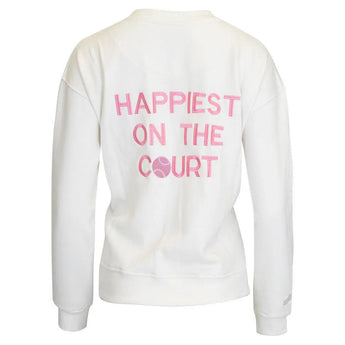 Women's Happiest On The Court Tennis Sweatshirt White and Pink-Apparel-CourtLife-HOC-TEN-IVPI-F24-1-Tennis Express