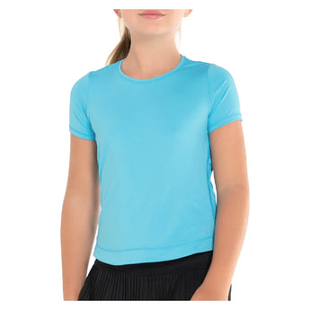 Girls' Dynamic High-Low Short Sleeve Tennis Top, Lucky In Love, Ocean, Tennis Express, T188-BBS23-OCEAN-1