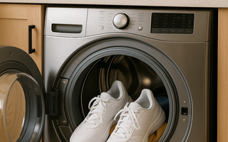 White Tennis Shoes in front load washing machine 