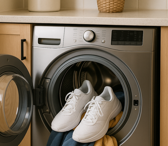 White Tennis Shoes in front load washing machine 