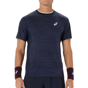Men's Match Jacquard Short Sleeve Tennis Top,Apparel,Asics,400 Midnight,S,Tennis Express,2041A419_400