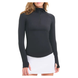 Women's Mock Zip Long Sleeve Tennis Top Black, BloqUV, Black, Tennis Express, 3100-BLKF26-BLACK-1