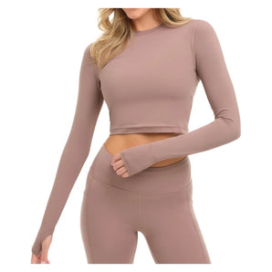 Women's Everyday Long Sleeve Crop Tennis Top Mocha, BloqUV, Mocha, Tennis Express, 4015-MCHF26-MOCHA-1