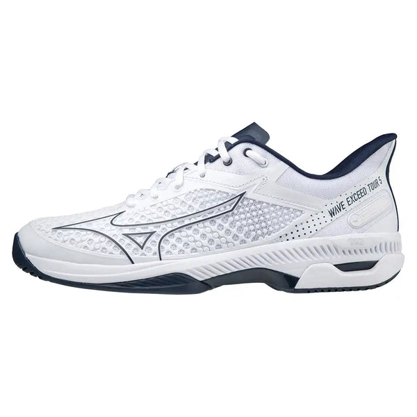 Men's Wave Exceed Tour 5 AC Tennis Shoes White and Dress Blue,Footwear,Mizuno,10,,Tennis Express,550035-005QBF23-1