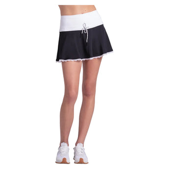Women's Hip Tie Lace 13 Inch Tennis Skort Black and White, Lucky In Love, Tennis Express, CB865-121-3