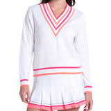 Women's Victory V-Neck Tennis Sweater White and Shocking Pink-Apparel-Lucky In Love-CX105-115-1-Tennis Express