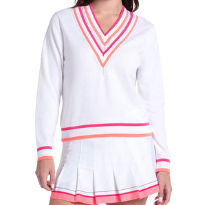 Women's Victory V-Neck Tennis Sweater White and Shocking Pink-Apparel-Lucky In Love-CX105-115-1-Tennis Express