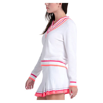Women's Victory V-Neck Tennis Sweater White and Shocking Pink-Apparel-Lucky In Love-CX105-115-3-Tennis Express