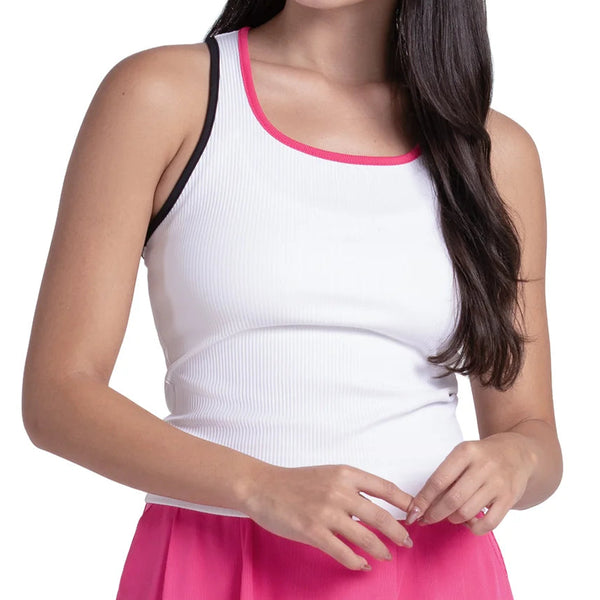 Women's Court Rib Racerback Tennis Tank White and Black, Lucky In Love, White/Black, Tennis Express, CX186-121-WHITE-BLACK-1