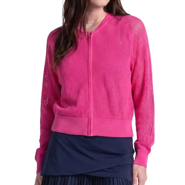 Women's Aero Pointelle Tennis Sweater Shocking Pink, Lucky In Love, Shocking Pink, Tennis Express, CX197-645-SHOCKING-PINK-1