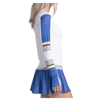 Women's Bold Statement Long Sleeve Tennis Top White and Parisian Blue, Lucky In Love, Tennis Express, CX205-33H110-2