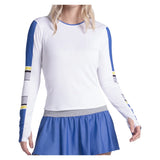Women's Bold Statement Long Sleeve Tennis Top White and Parisian Blue, Lucky In Love, White/Parisian Blue, Tennis Express, CX205-33H110-WHITE-PARISIAN-BLUE-1