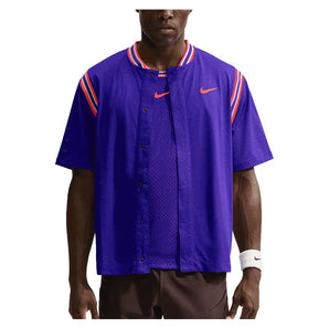 Men's New York Court Dri-FIT Slam Short Sleeve Button Up Tennis Shirt,Apparel,Nike,514 Dark Concord/Bright Crimson,XS,Tennis Express,IM6611-F26-514-3