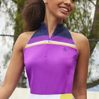Womens Color Block Zip Halter Tennis Tank Purple Cactus Flower-Apparel-Penguin-O1KFE018-520F24-3-Tennis Express