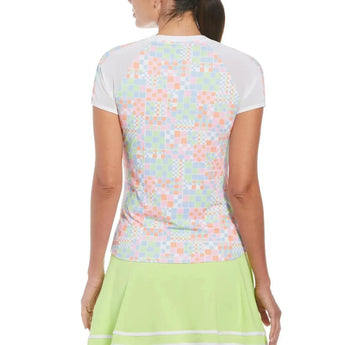 Women's Short Sleeve Printed Tennis Crew with Mesh Bright White-Apparel-Penguin-O1KSE017-118S24-1-2-[Sku]-Tennis Express