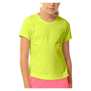 Girls' Dynamic High-Low Short Sleeve Tennis Top Neon Yellow, Lucky In Love, Yellow, Tennis Express, T188-710BS23-YELLOW-1