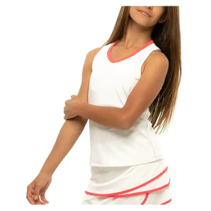 Girls' V-Neck Cutout Tennis Tank White and Coral Crush-Apparel-Lucky In Love-T207-155B-Tennis Express