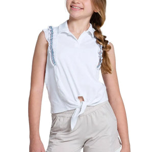 Girls' Lucky Stripe Tie Tennis Polo White-Apparel-Lucky In Love-T287-V38110H24-Tennis Express