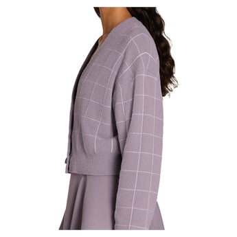 Women's Throwback Crop Plush Knit Tennis Cardigan Purple Ash Windowpane, Wilson, Tennis Express, WE00359Z043001-F26-2