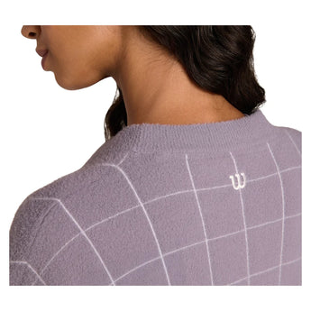 Women's Throwback Crop Plush Knit Tennis Cardigan Purple Ash Windowpane, Wilson, Tennis Express, WE00359Z043001-F26-3
