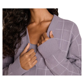 Women's Throwback Crop Plush Knit Tennis Cardigan Purple Ash Windowpane, Wilson, Tennis Express, WE00359Z043001-F26-4