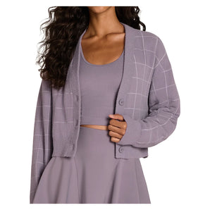 Women's Throwback Crop Plush Knit Tennis Cardigan Purple Ash Windowpane, Wilson, Purple Ash, Tennis Express, WE00359Z043001-F26-PURPLE-ASH-1
