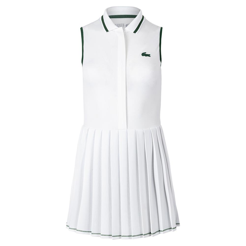 Lacoste Women`s Sleeveless Polo Pleated Tennis Dress with Shorts Blanc and  Vert