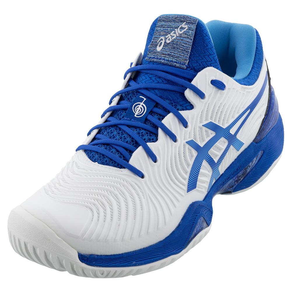 ASICS Men`s Court FF Novak Tennis Shoes in White and Tuna Blue