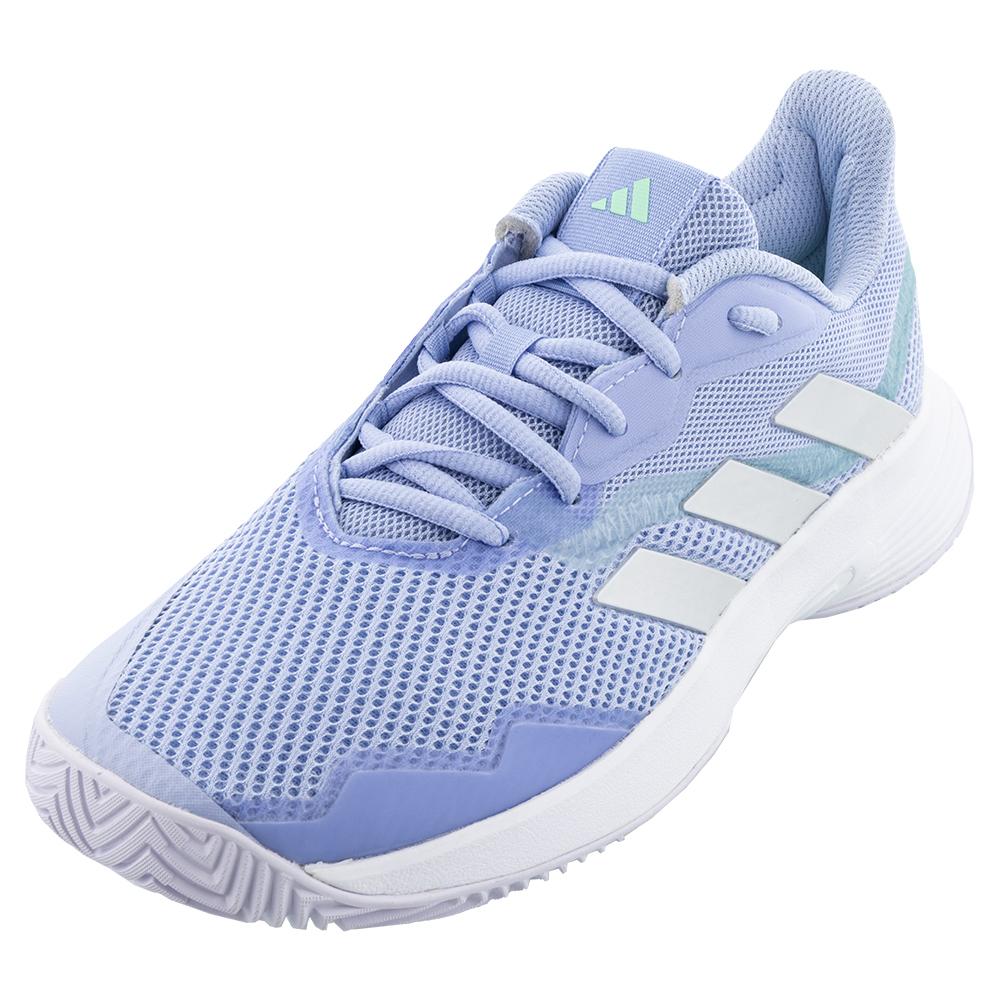 adidas Women`s CourtJam Control Tennis Shoes Blue Dawn and Zero Metallic