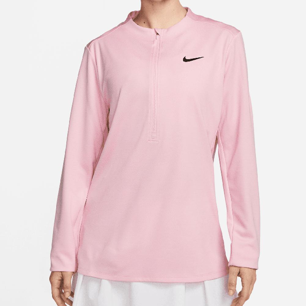 NIKE Women`s Dri-FIT Club Half-Zip UV Tennis Top Med Soft Pink and Black