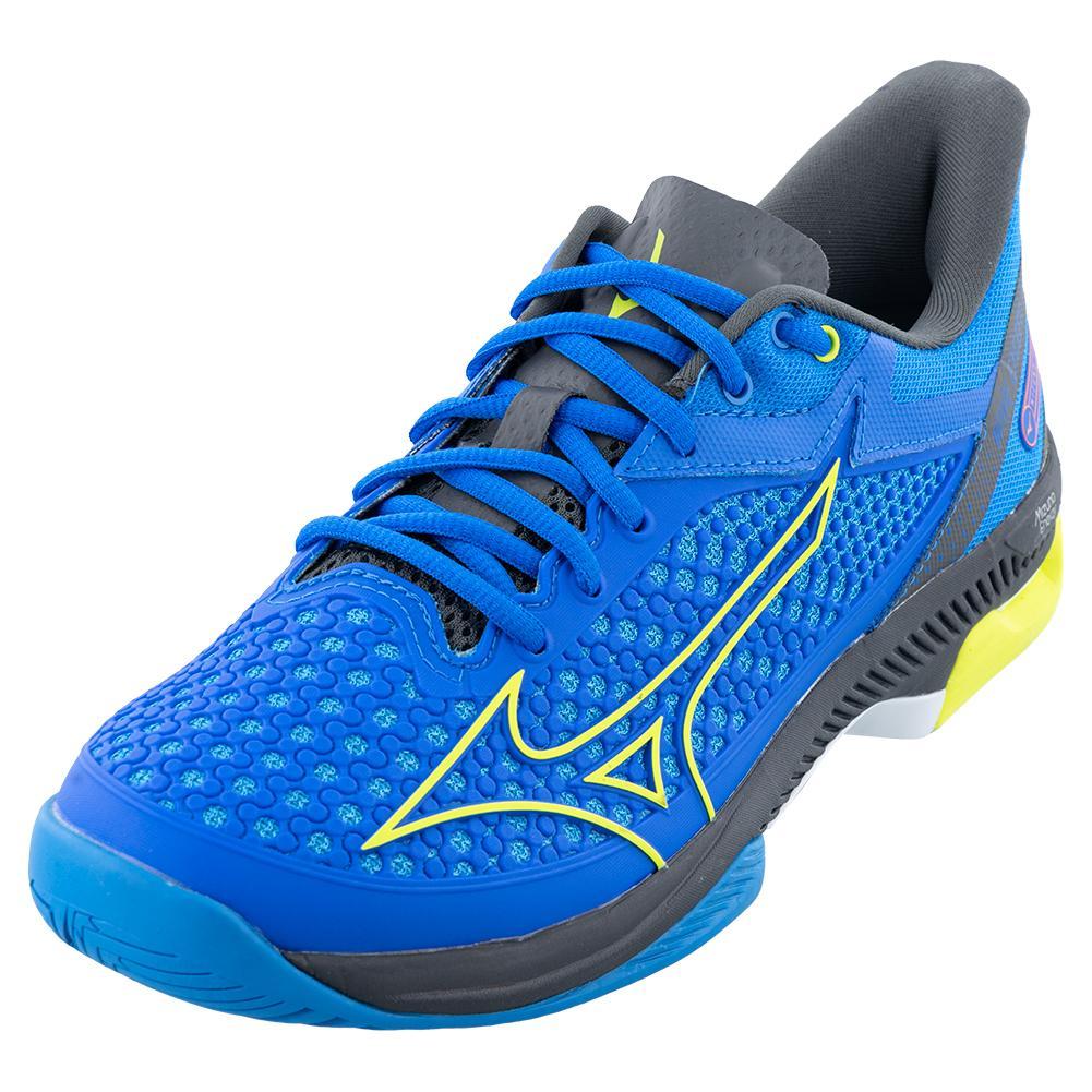 Mizuno Men`s Wave Exceed Tour 5 AC Tennis Shoe Peach Blue and Acid Lime