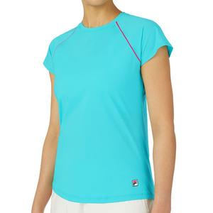 Women`s Tie Breaker Short Sleeve Tennis Top Blue Radiance and Pink Glo
