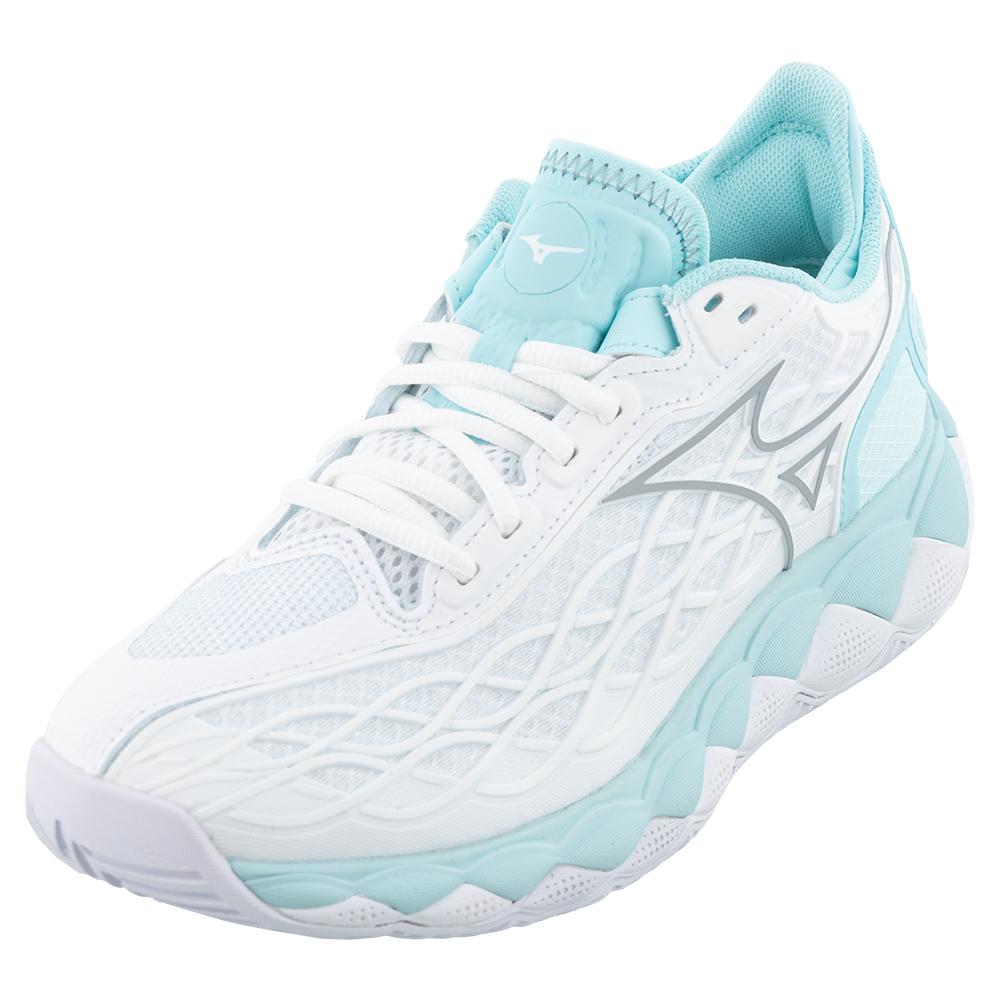 Mizuno Women`s Wave Enforce Tour AC Tennis Shoes White and Tanager Turquoise