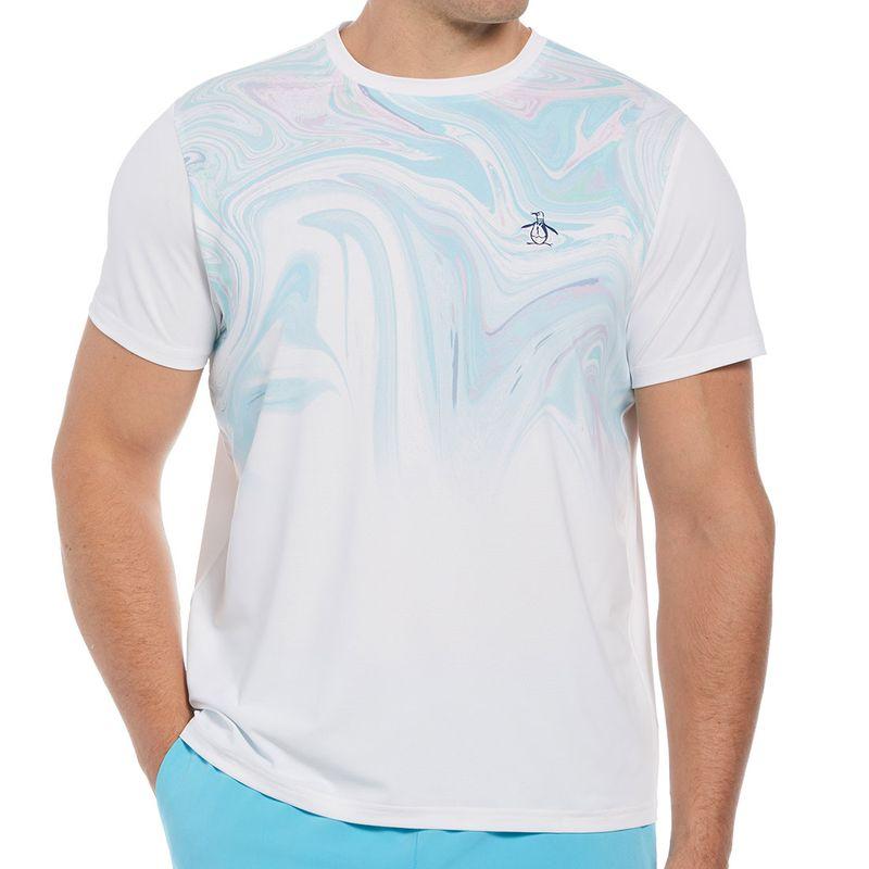  Men's Performance Eng Marble Print Tennis Crew Bright White