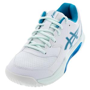 Womens Gel-Dedicate 8 Wide Tennis Shoes White and Teal Blue