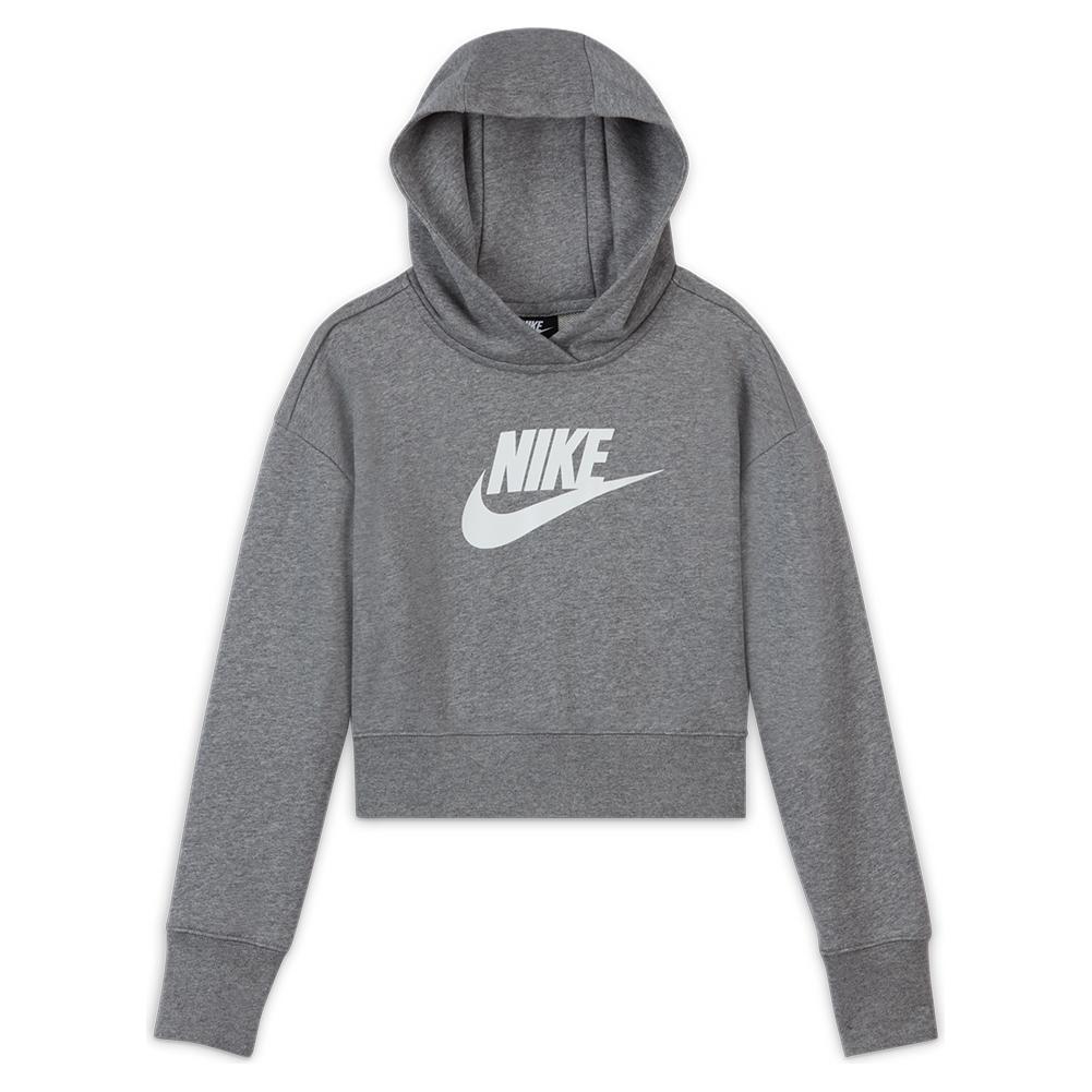 Nike Girls` Sportswear Club French Terry Cropped Hoodie Carbon Heather and  White