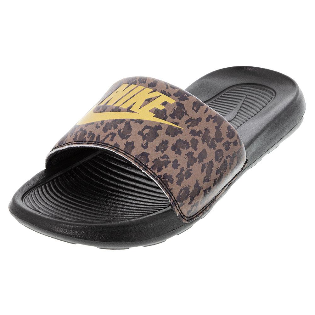 Nike Women`s Victori One Print Sports Slides Archaeo Brown and Metallic Gold