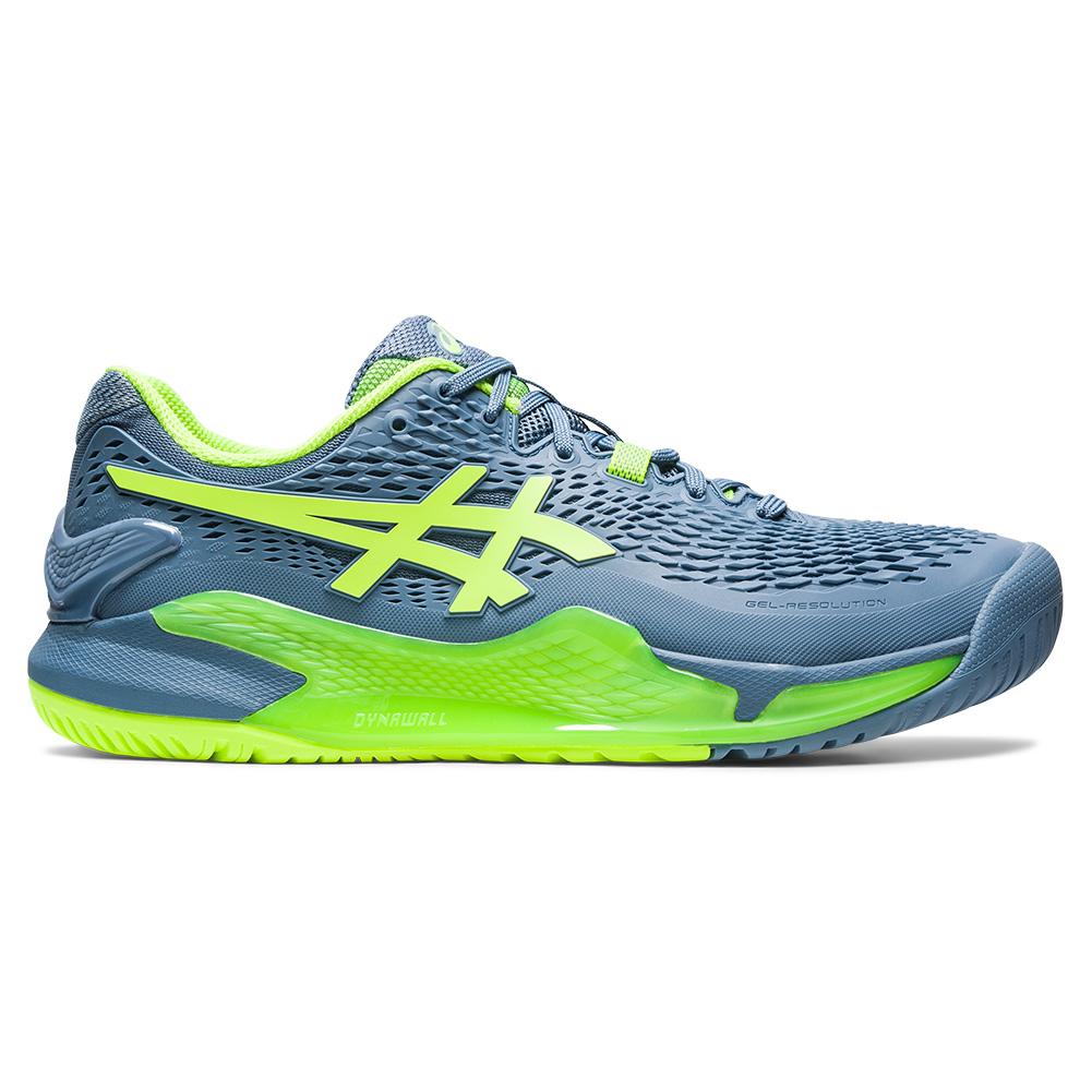 ASICS Men`s GEL-Resolution 9 2E Width Tennis Shoes Steel Blue and Hazard  Green