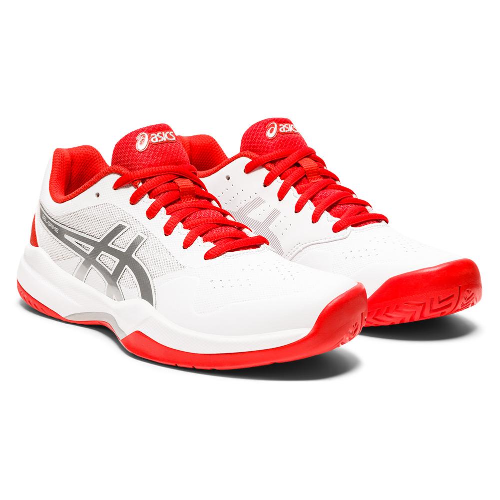 white and red tennis shoes