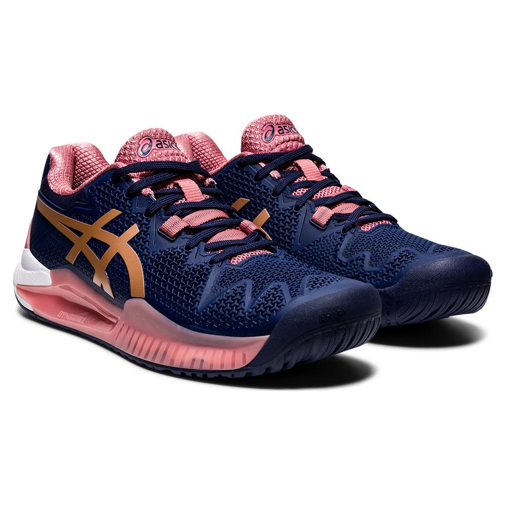 Asics Women`s GEL-Resolution 8 Tennis Shoes Peacoat and Rose Gold