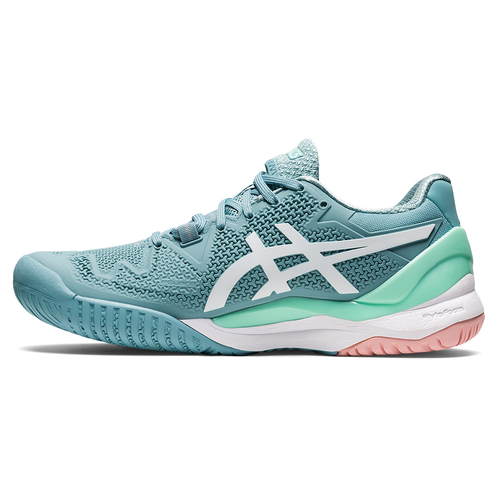 ASICS Women`s GEL-Resolution 8 Tennis Shoes Smoke Blue and White