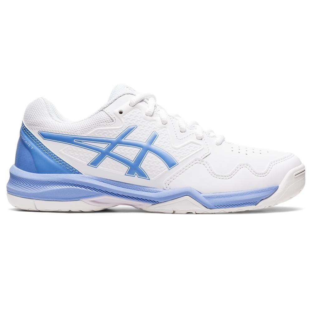 ASICS Women`s GEL-Dedicate 7 Tennis Shoes White and Periwinkle Blue