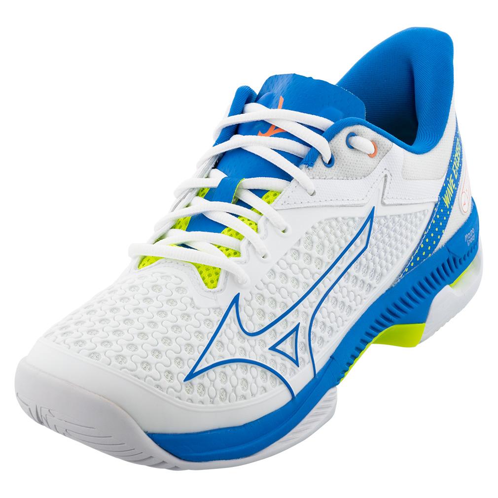 Mizuno Men`s Wave Exceed Tour 5 AC Tennis Shoes White and Peace Blue