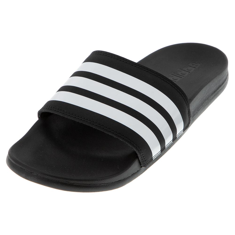 adidas Women`s Adilette Cloudfoam Plus Stripes Slides in Black and White |  Tennis Express