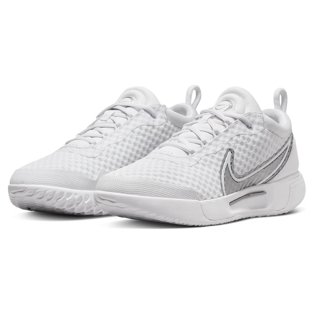 NikeCourt Women`s Zoom Pro Tennis Shoes White and Metallic Silver