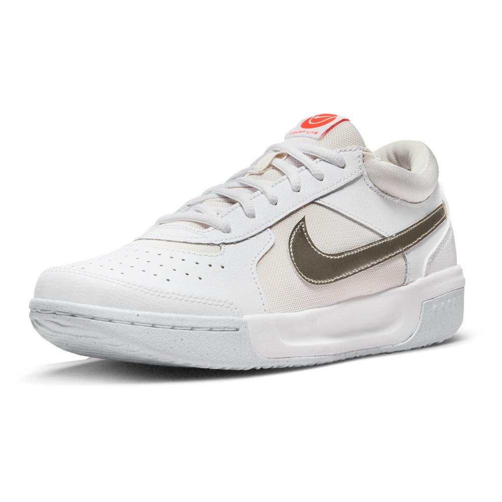NikeCourt Women`s Zoom Court Lite 3 Tennis Shoes White and Metallic Pewter