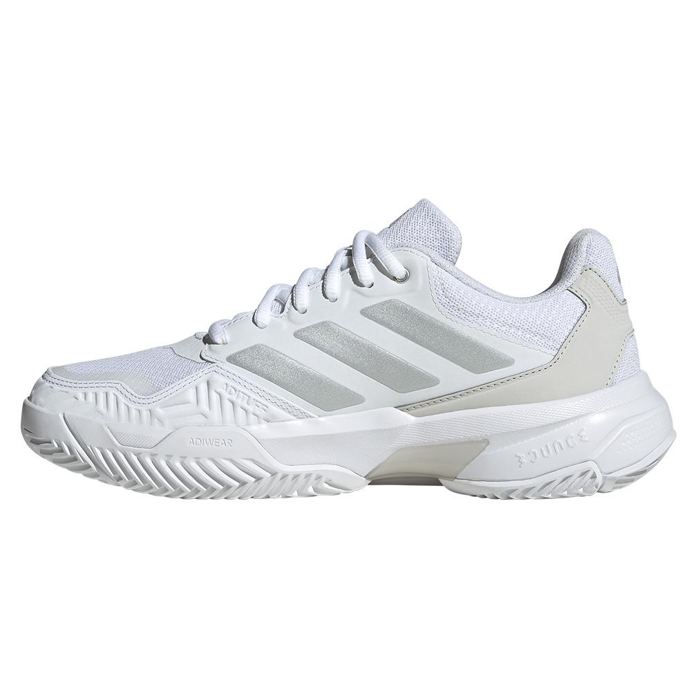adidas Women`s CourtJam Control 3 Tennis Shoes White and Silver Metallic